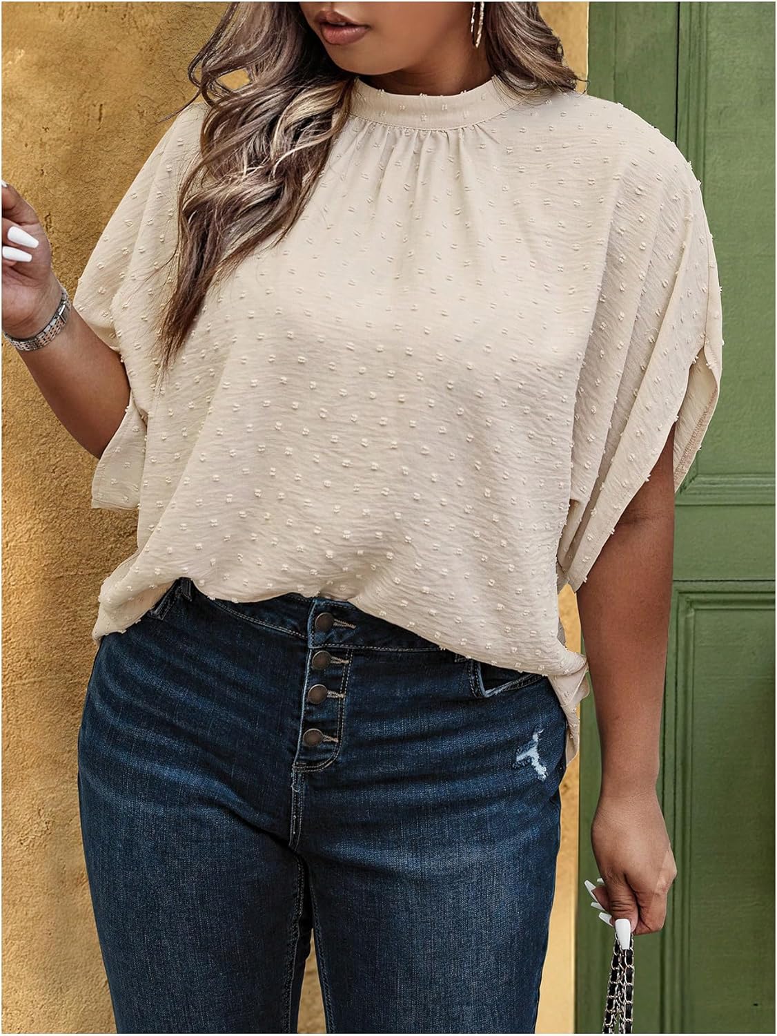 SOLY HUX Women's Plus Size Dressy Casual Shirts Swiss Dots Mock Neck Blouse Half Sleeve Tie Back Business Work Tops - Image 3