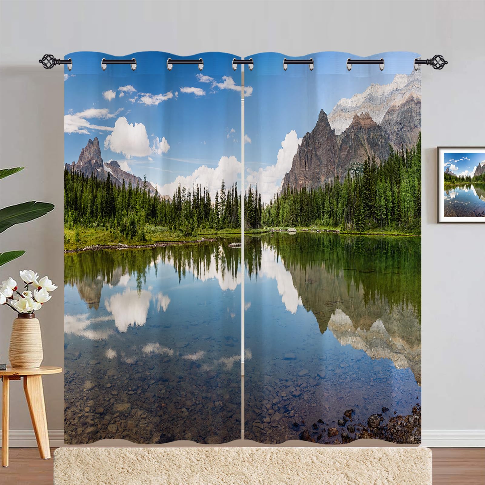 ANHOPE Lake Curtains Eyelet Soft Thermal Insulated Blackout Curtains Nature Landscape Mountain Lake Forest Scene Print Pattern Ring Top Window Drapes for Bedroom Living Room 55 x 72 Inch Drop 2 Panels