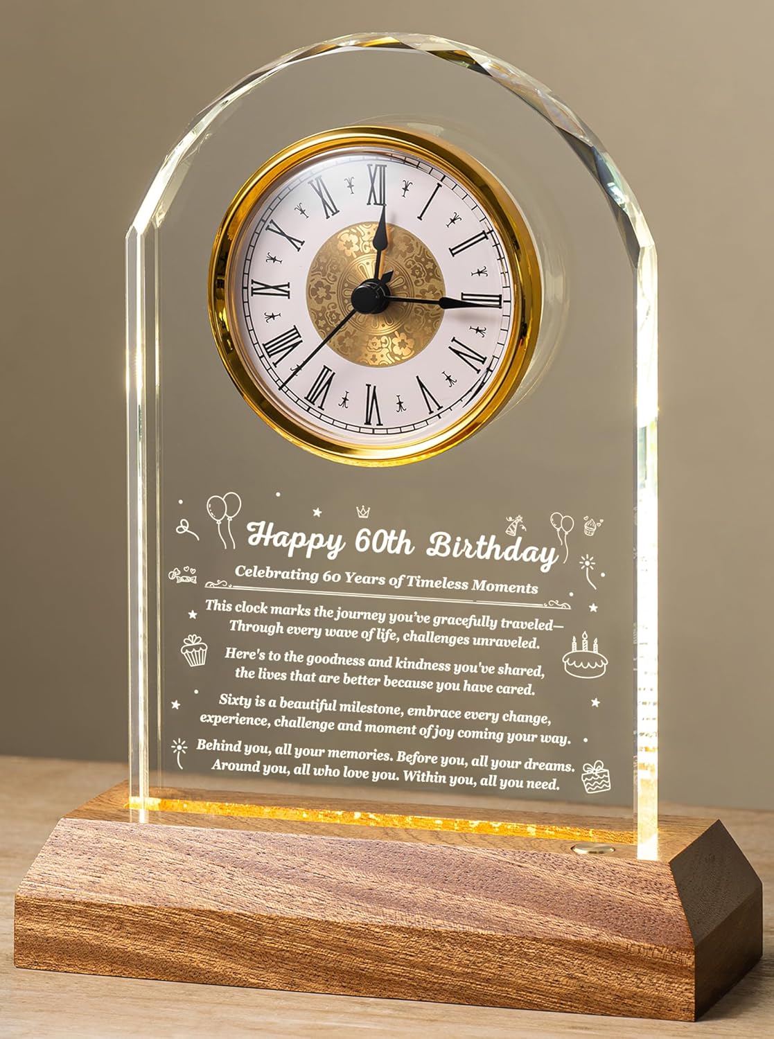 60th Birthday Clock Gifts for Women and Men – Gift for 60 Year Old Mom, Dad, Grandma, or Grandpa with Wooden LED Light Base – Birthday Present Ideas for Her or Him with Gift Box Battery Not Included