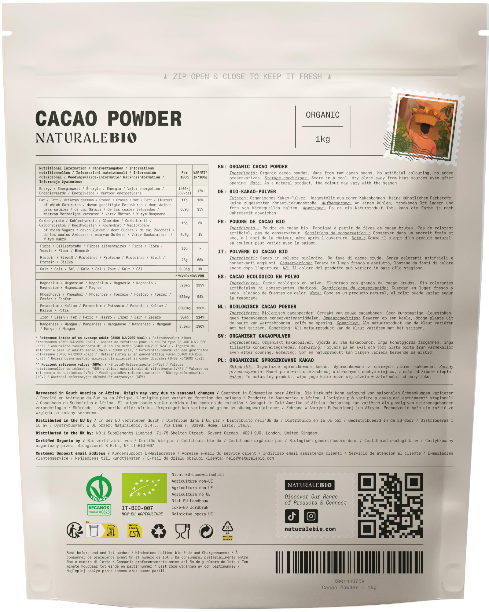 NaturaleBio Cacao Biologico in Polvere 1kg. Naturale e Puro da Fave Crude. Non Zuccherato. Prodotto dalla pianta Theobroma Cacao. Lavorato a Basse Temperature. Testato per Metalli Pesanti