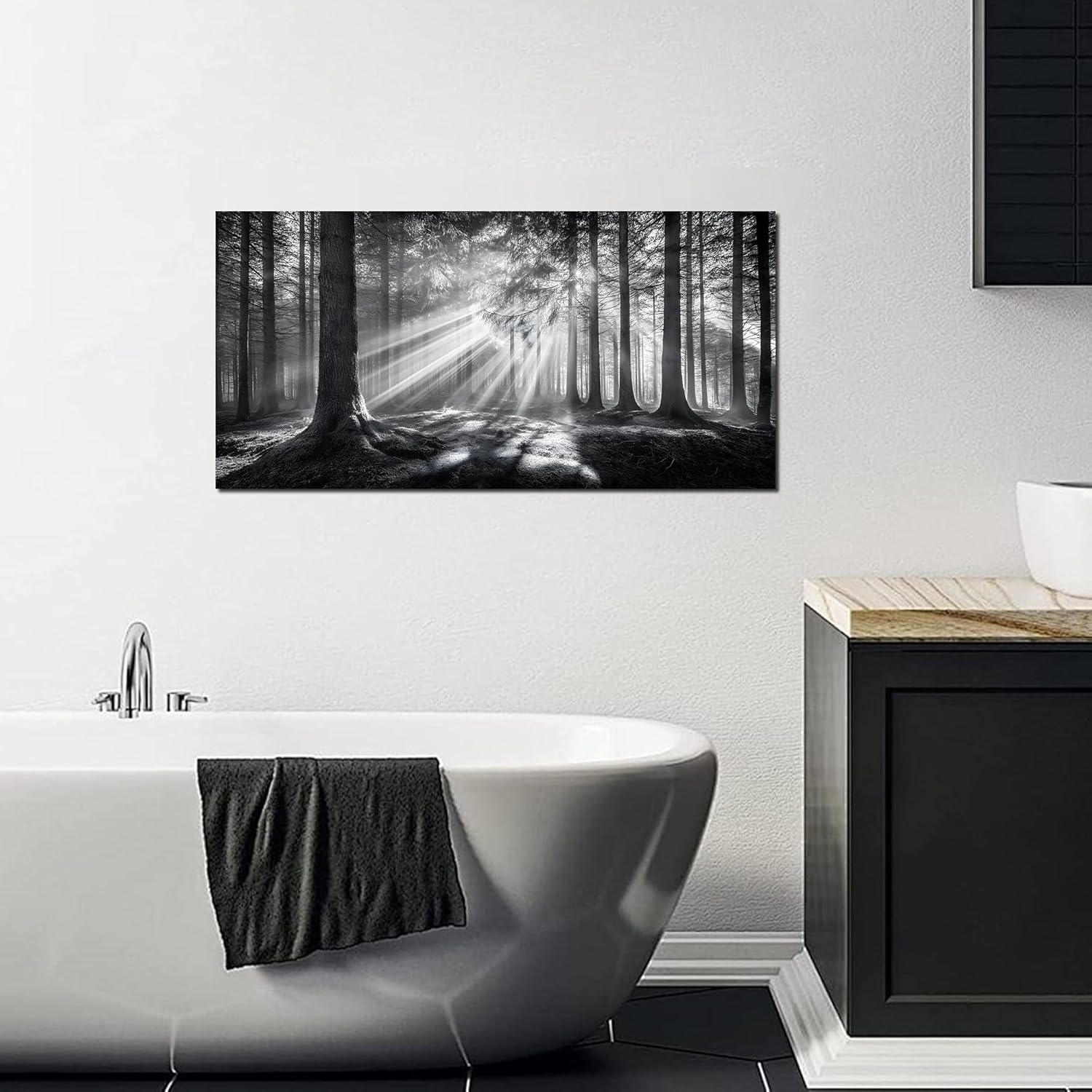 Trogonup Black and White Misty Forest Wall Art for Living Room Trees Large Nature Canvas Artwork for Bedroom Office Home Decor Ready to Hang 20"x40"