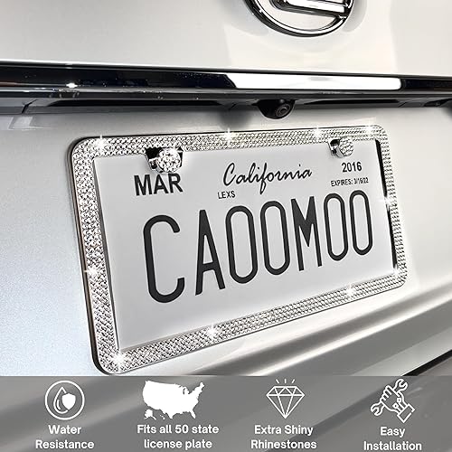 Miniatura 2 de Marco de matrícula brillante para mujer, paquete de 2 marcos de matrícula brillantes con cristales de diamantes de imitación (plateado)