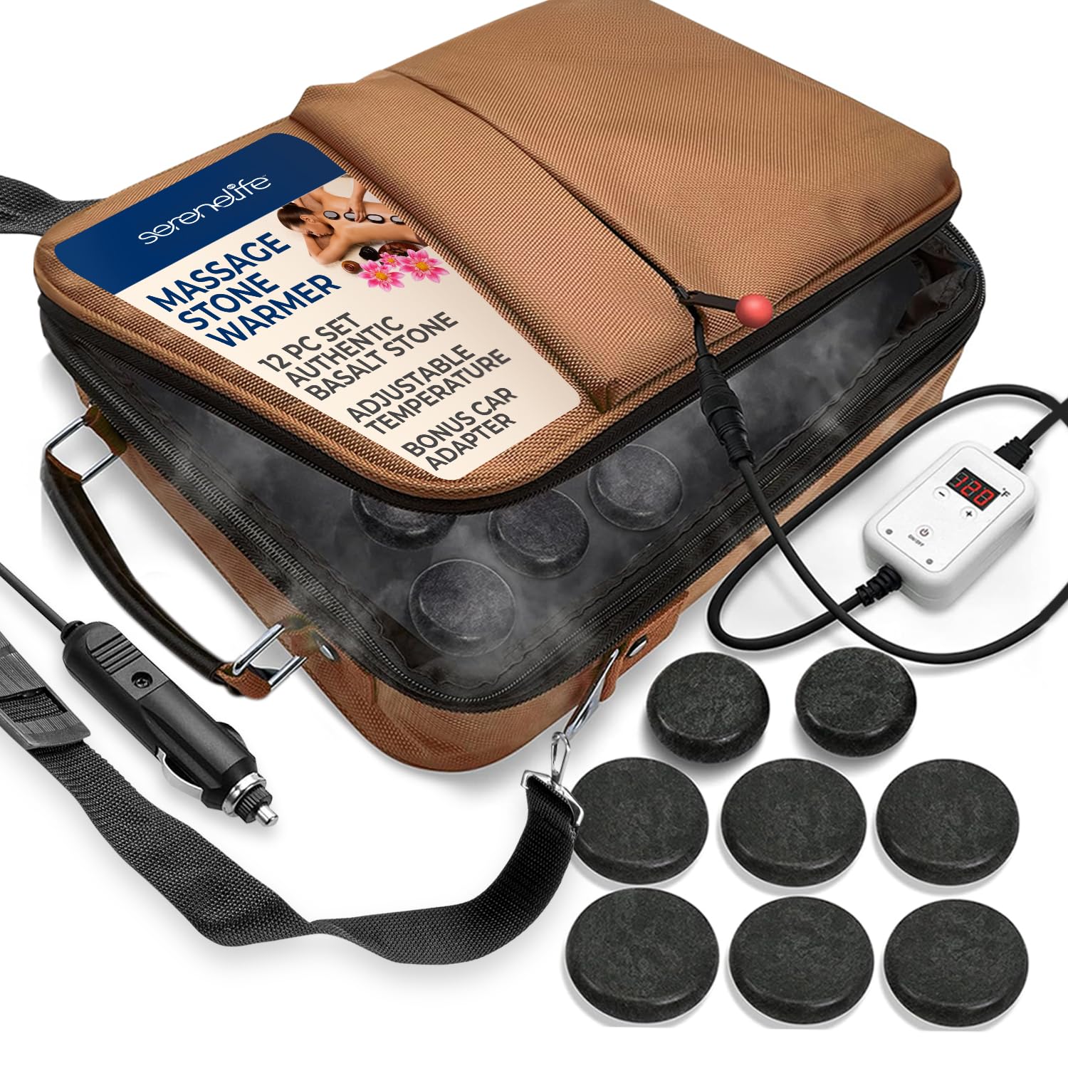Sponsored Ad - SereneLife Portable Massage Stone Warmer Set - Electric Spa Hot Stones Massager and Heater Kit with 6 Large and 6 Small Round Shaped Basalt Massaging Rocks, Digital Controller Heating Bag