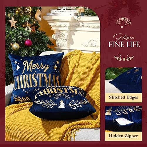 Miniatura 2 de Lewondr Fundas de almohada de Navidad, diseño de letras de Feliz Navidad, patrón de estampado en caliente, fundas de almohada de terciopelo holandés