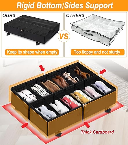 Miniatura 5 de punemi Organizador de almacenamiento de zapatos debajo de la cama con ruedas y divisores ajustables, contenedores de solución de almacenamiento de
