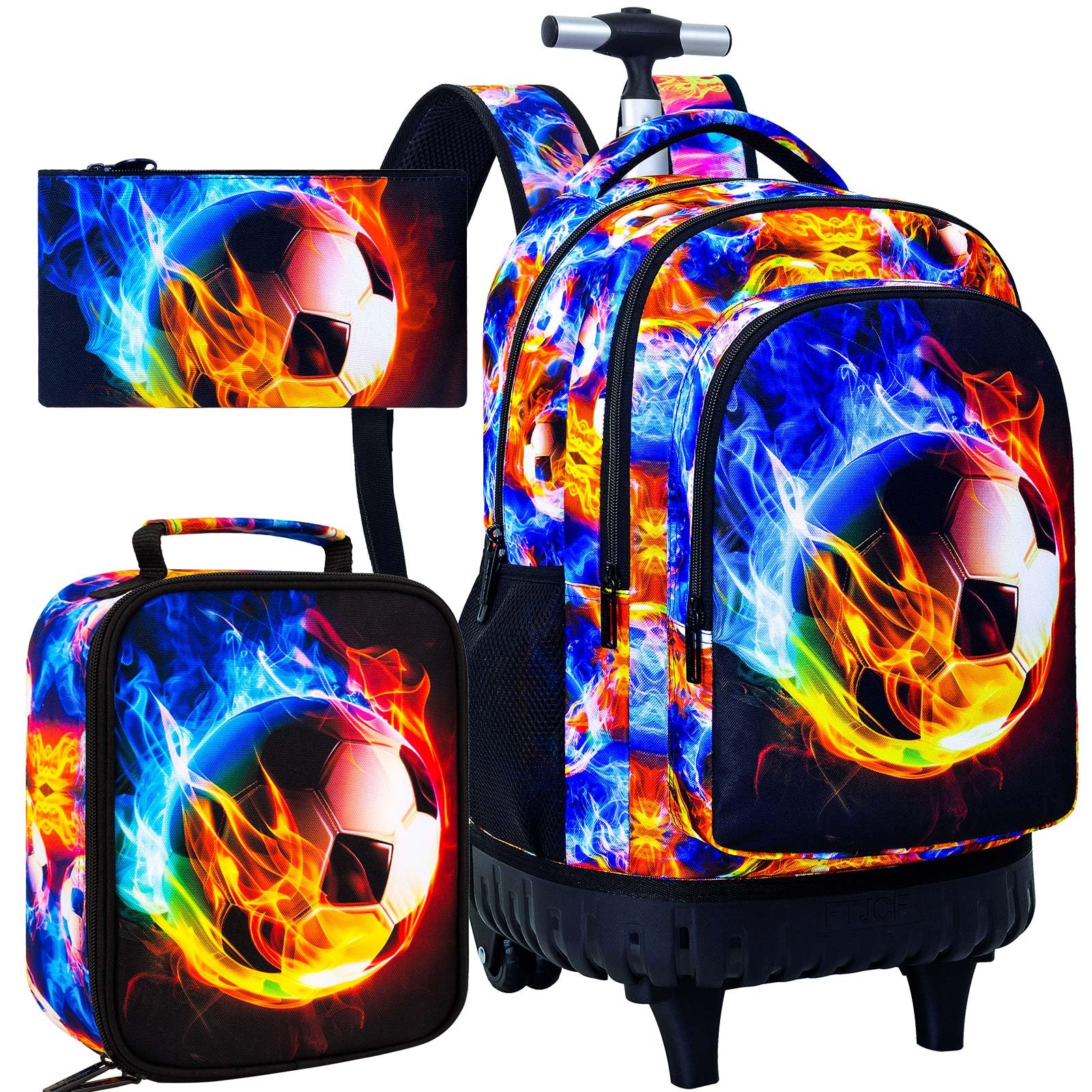 UFNDC 3PCS Boys Rolling Backpack, Men Flames Football Backpacks with Wheels，Water-Resistant Travel Roller Wheeled Bookbag
