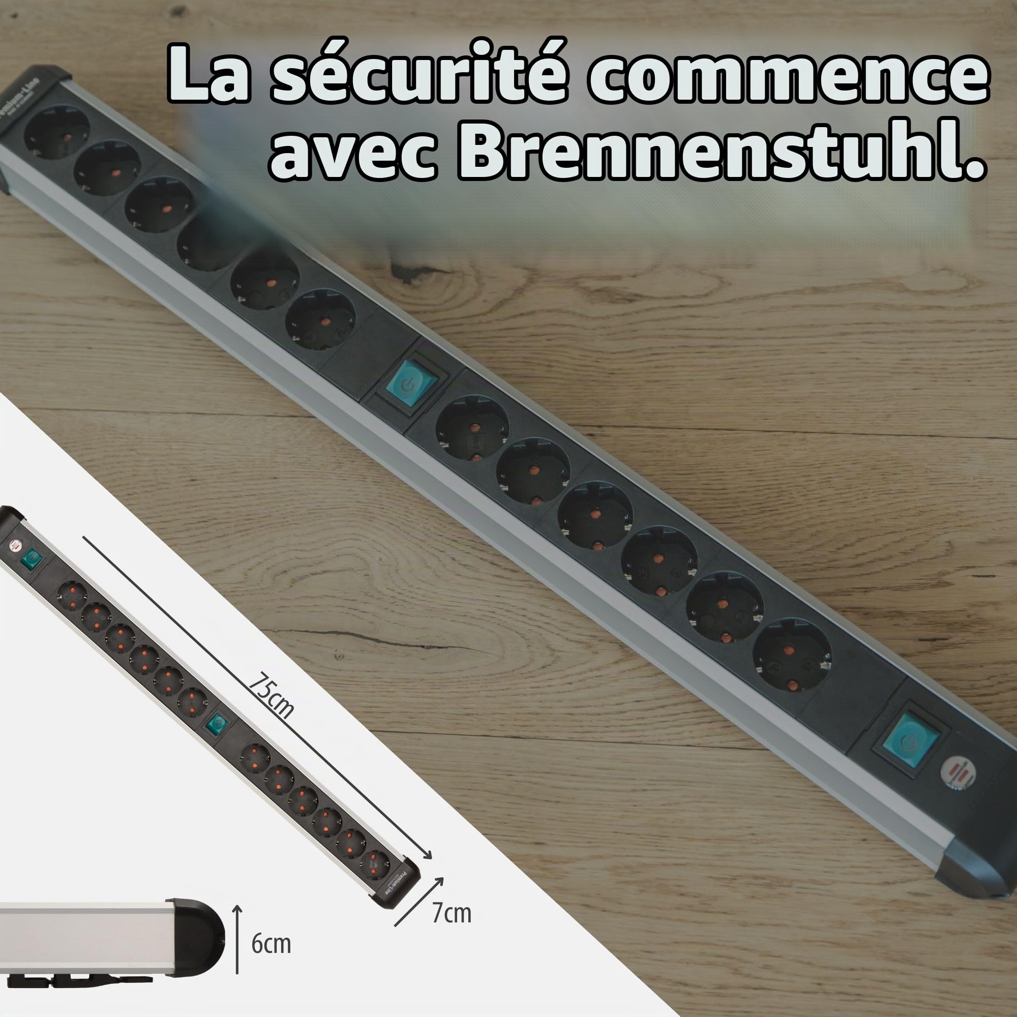 Brennenstuhl Multiprise Alu-Line - 12 Prises - en Aluminium de qualité supérieure - avec 2 interrupteurs et câble de 3 m - Fabriquée en Allemagne