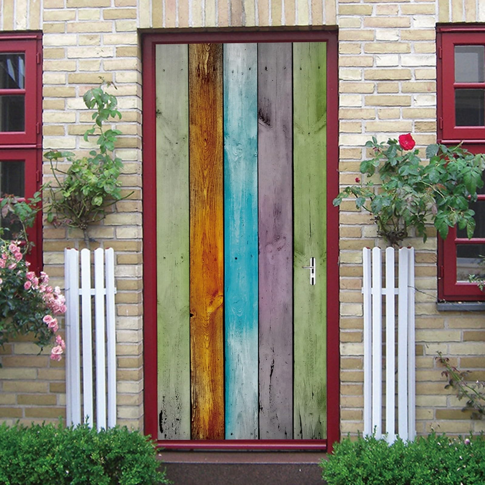 A.Monamour Adesivo Porta Autoadesiva 3D Tavole Colorate Assi Di Legno Sfondo Struttura Di Legno Vinile PVC Adesivi per Porte Interne Pellicola Adesiva Poster Murale Parete Carta da Parati 85x215cm