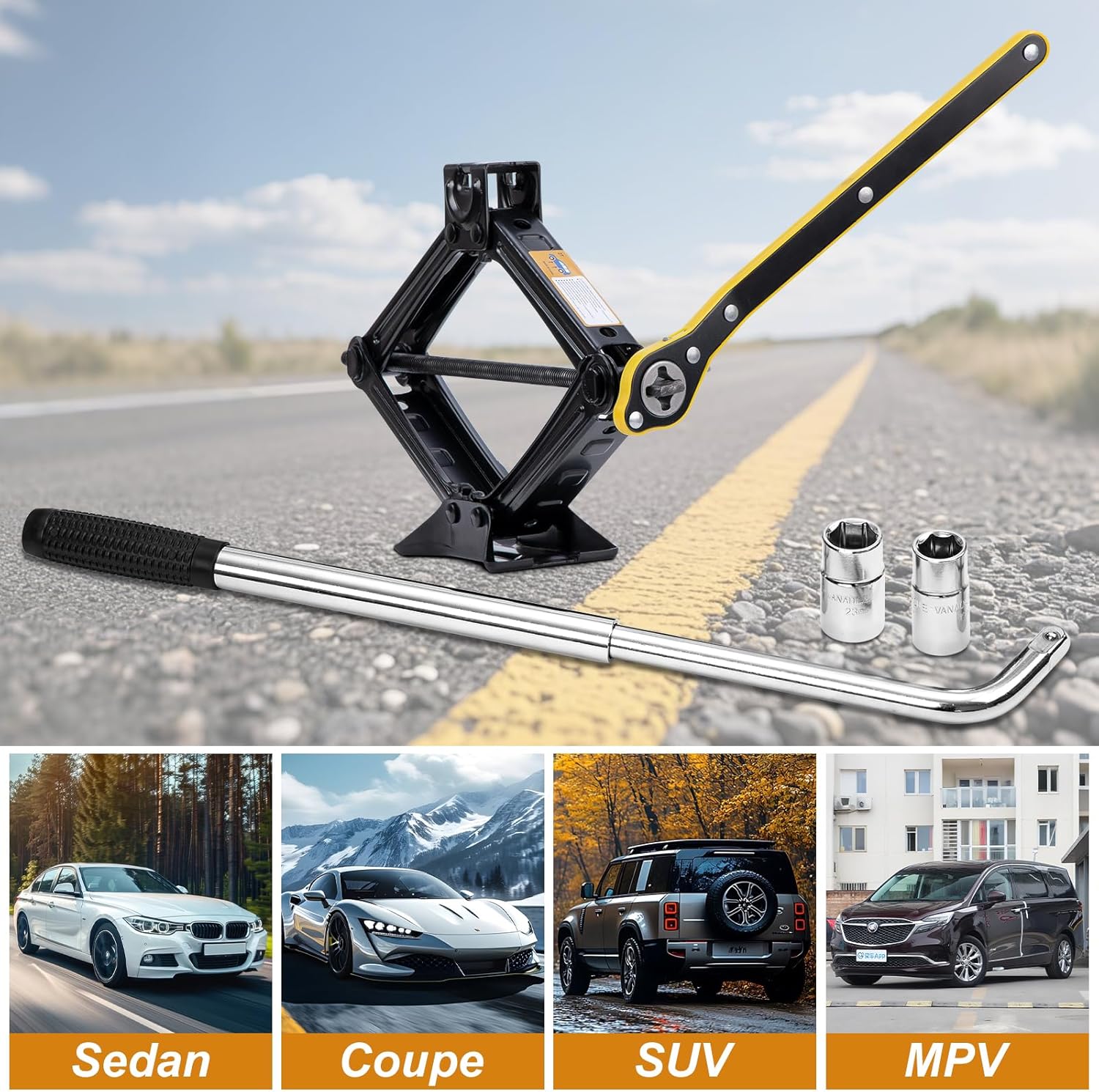 Car Jack Kit 2 Ton (4,409 lbs) Portable Scissor Jack for Car, Tire Jack Changing Kit with Lug Wrench, Black