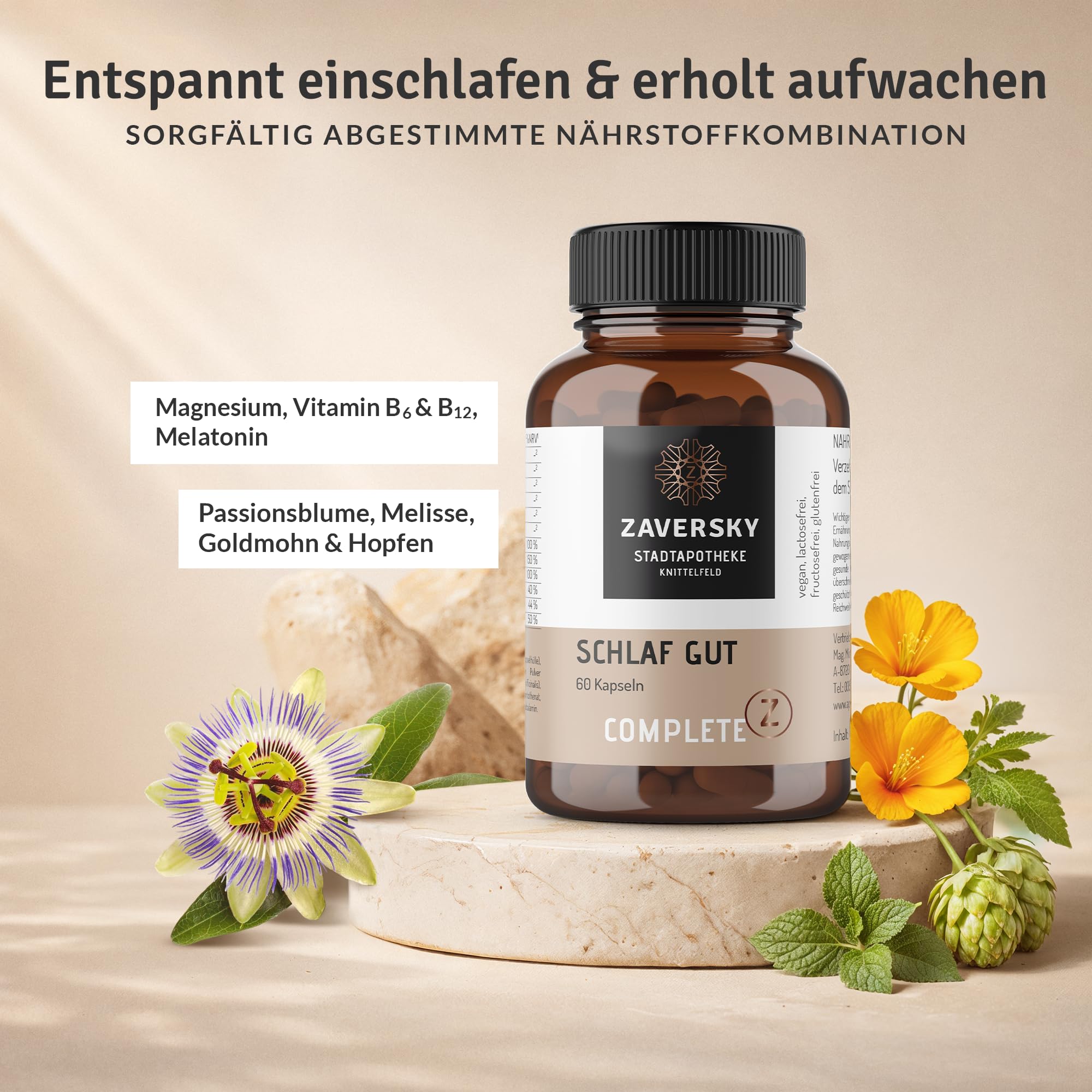Schlaf Gut – Kapseln mit 1 mg Melatonin – Mit Magnesium, Vitamin B6, B12 & Zink – Melatoninkapseln mit Passionsblume, Melisse & Hopfen – 60 vegane Kapseln – Hergestellt in Österreich (1)