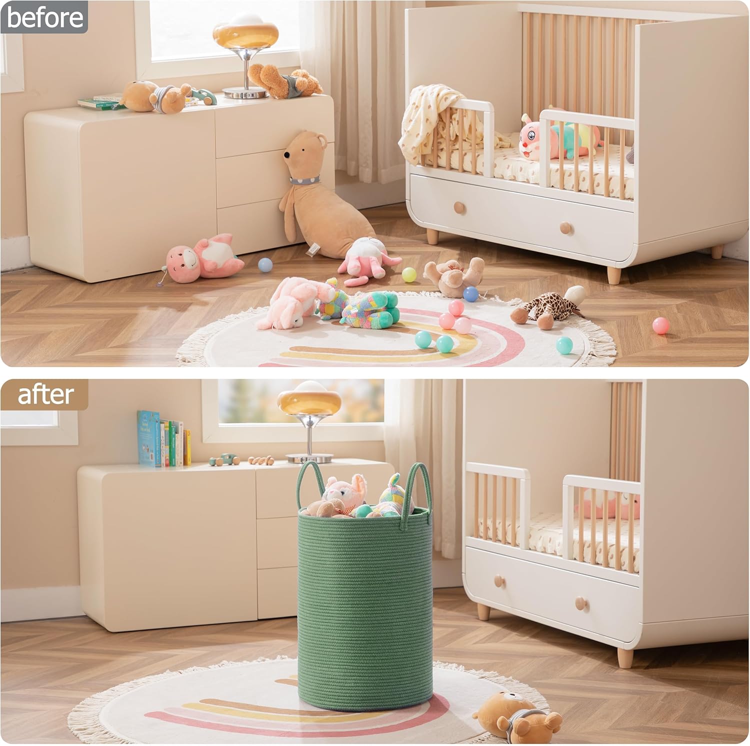 Laundry Basket, 52L Woven Laundry Hamper, Baby Nursery Hamper for Toys, Blanket Basket for Living Room, Clothes Hamper for Bedroom&Baby Room, Green