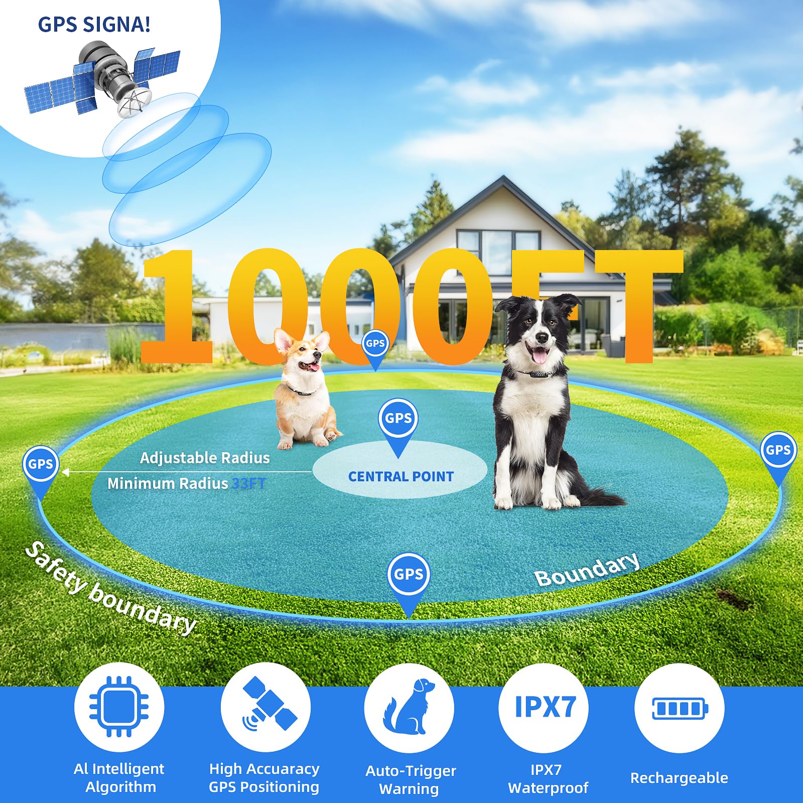 Collier Anti Fugue sans Fil GPS pour Chien, 1000M Réglable Amélioré, Chien Électrique Système Clôture