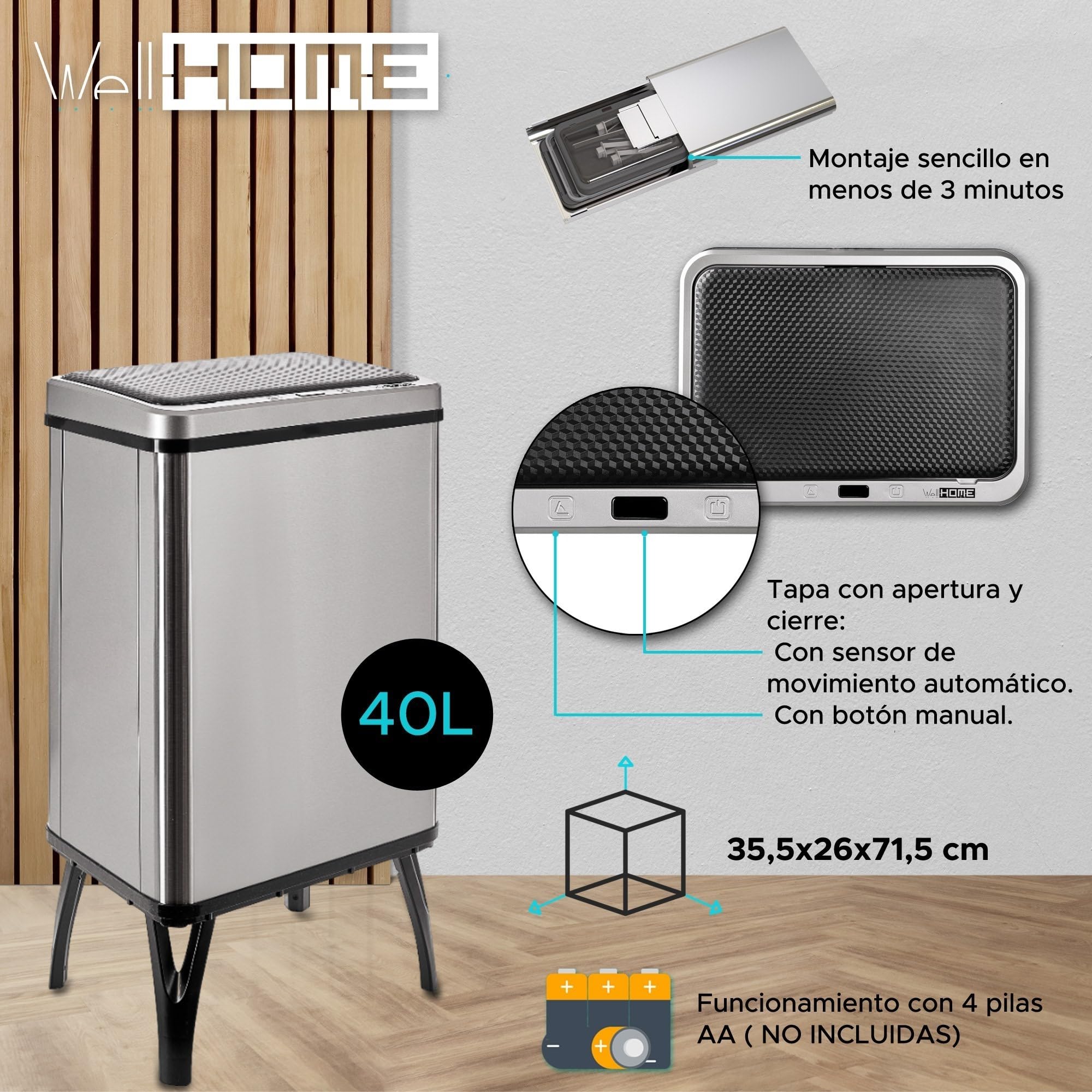 WELL HOME MOBILIARIO & DECORACIÓN 3 bidoni della spazzatura intelligente da 40 l, altezza: 71,5 (x35,5 x 26), grigio con etichette magnetiche