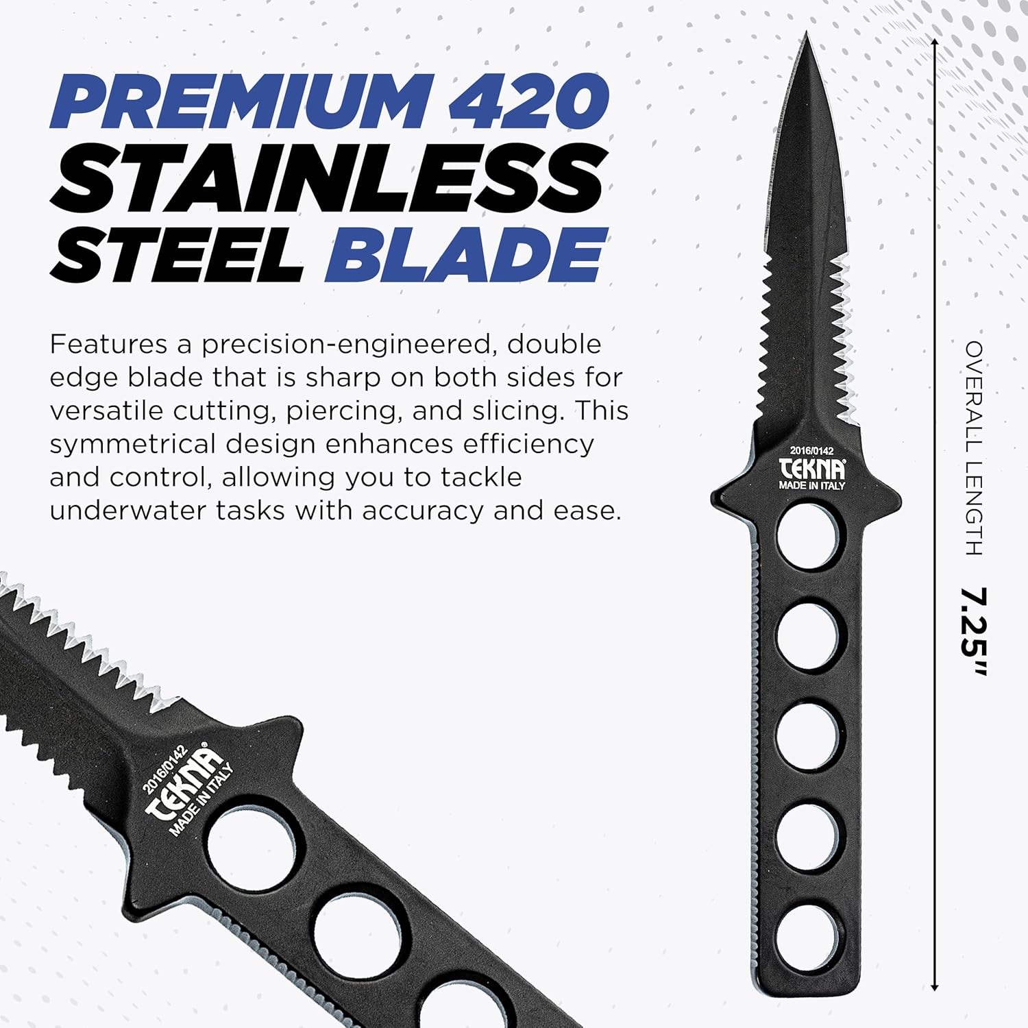 Tekna® Ocean Edge® Dive Knife – Point Tip Diving Knife for Divers – Essential Scuba Dive Gear with Quick Adjust Velcro Leg Strap – Black Blade Only