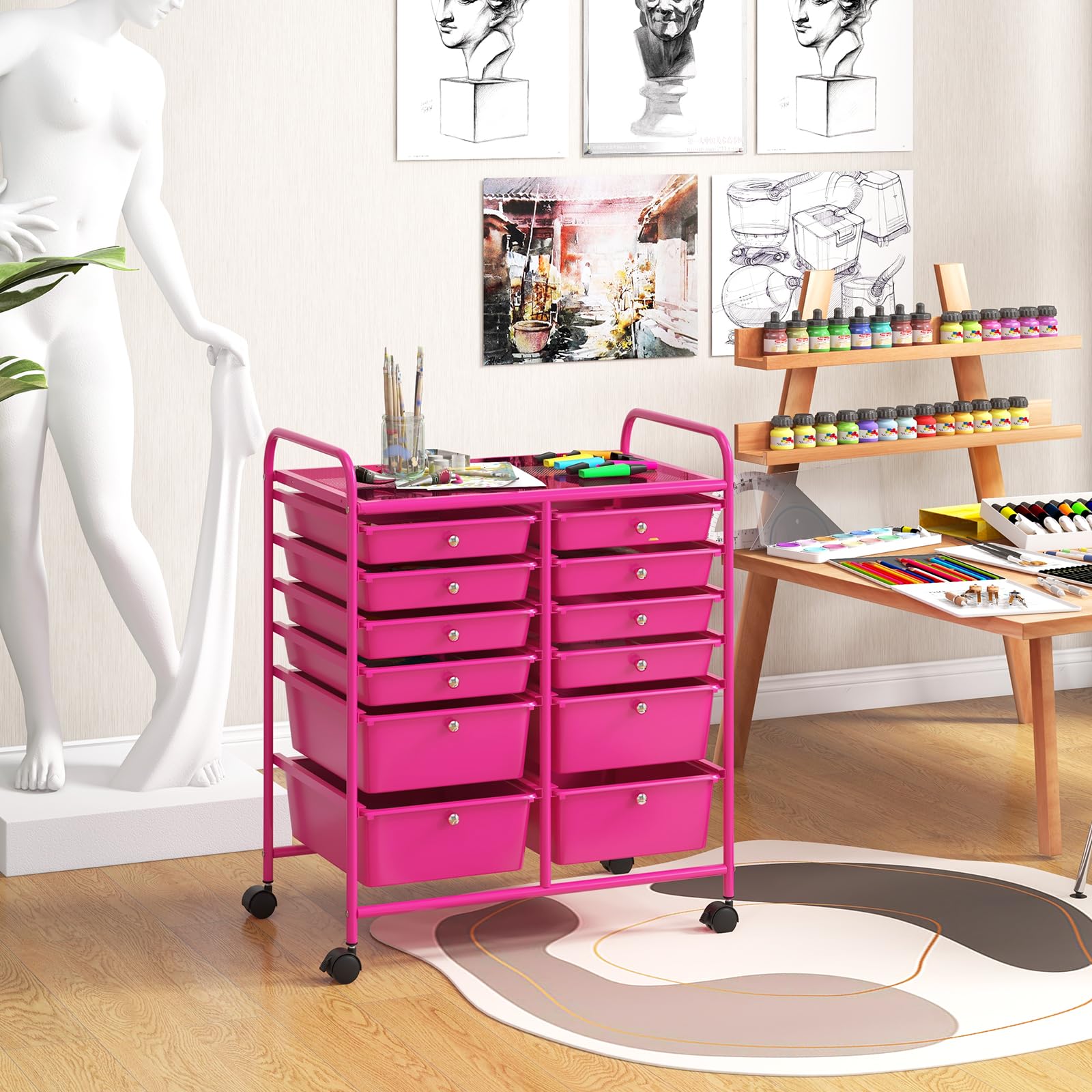GOPLUS Rollwagen Schubladenwagen, Rollcontainer mit 12 stapelbaren Schubladen, Haushaltwagen auf Rollen mit Bremsen, Badtrolley Badregal, Aufbewahrungswagen für Heim und Büro (Hot Pink)