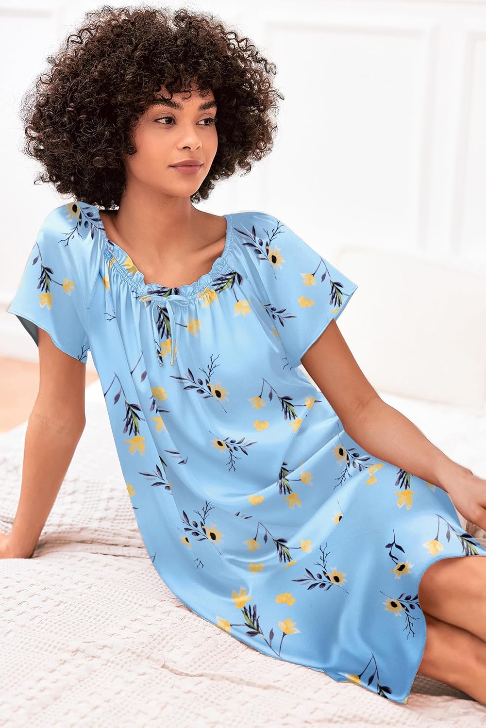 Ekouaer Women's Satin Silk Pleated Nightgown Loose Sleepwear Printed Nightshirt Short Sleeve Sleep Dress - Image 2
