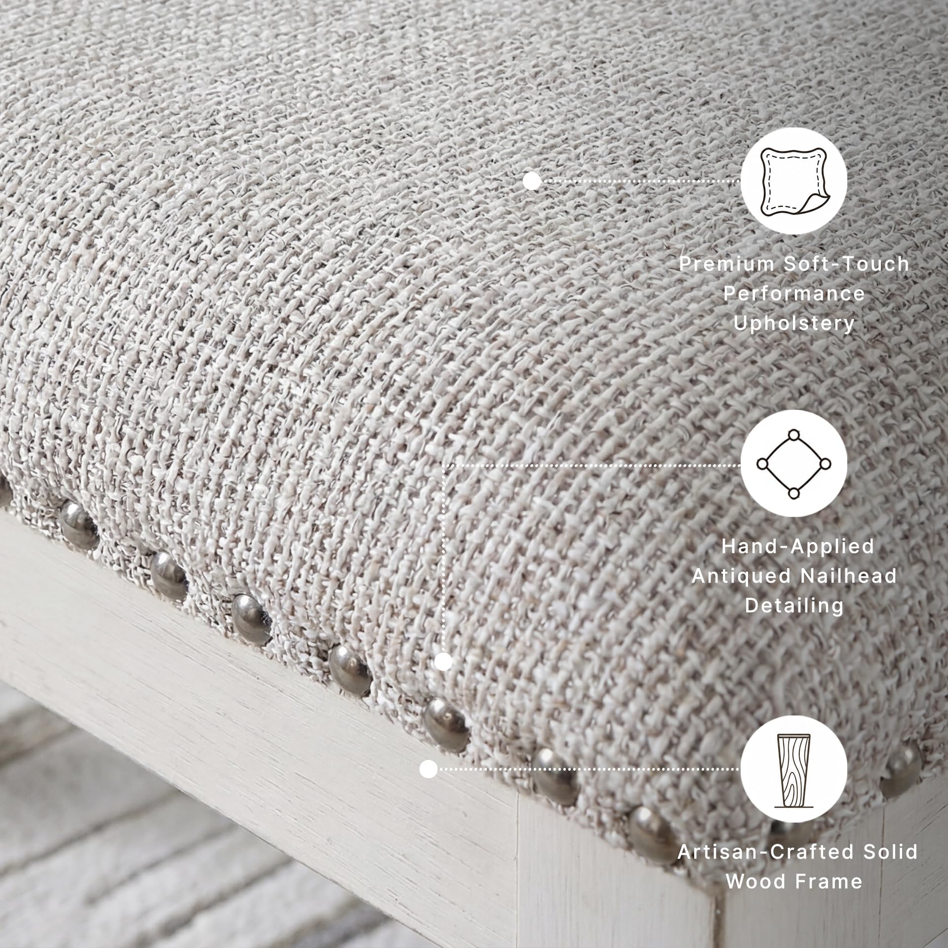 Signature Design by Ashley 48" Upholstered Dining Bench, Antique White | Solid wood frame with textured grain, Light gray polyester upholstered seat with nailhead trim, Seats 2, Robbinsdale