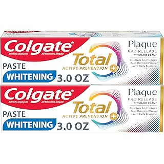 Colgate Total Plaque Pro Release Whitening Toothpaste Pack, Whitening Fluoride Toothpaste, Fights Plaque, Bad Breath, Tartar Buildup, and Helps Protect Teeth from Sensitivity, 2 Pack, 3.0 oz