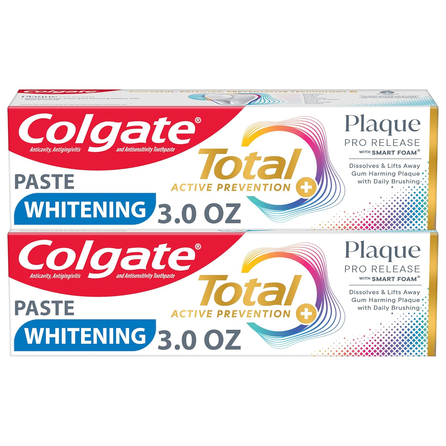Colgate Total Plaque Pro Release Whitening Toothpaste Pack, Whitening Fluoride Toothpaste, Fights Plaque, Bad Breath, Tartar Buildup, and Helps Protect Teeth from Sensitivity, 2 Pack, 3.0 oz 3 Ounce (Pack of 2) Whitening - Image 1 of 10