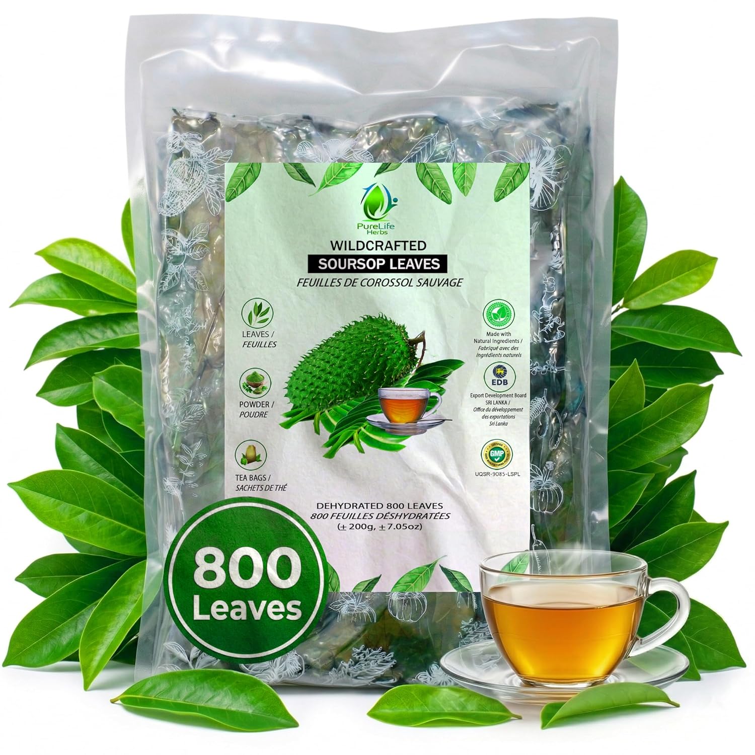 Purelife Herbs® Soursop Leaves Tea, 800 Whole Dried Leaves, Wildcrafted Graviola (Guanabana, Guyabano), Loose Leaf Herbal Tea, Natural & Vegan