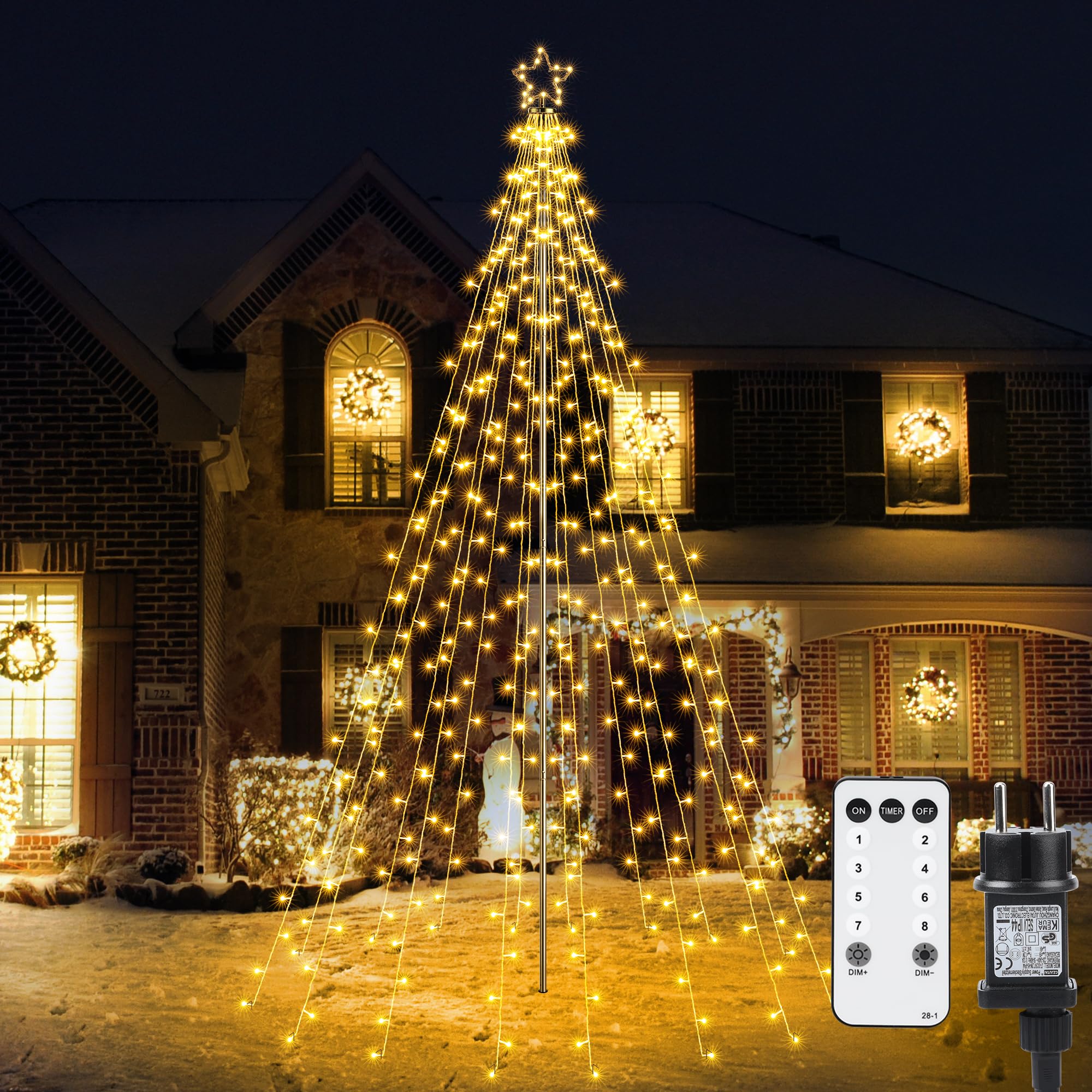 iBaycon Luci Di Natale Per Esterni con Stella,3,87 m 568 Led Bianco Caldo | 16 Ghirlande Albero Di Natale Con Telecomando 8 Modalità Timer Dimmerabili Natalizia per Esterni Giardino Prato