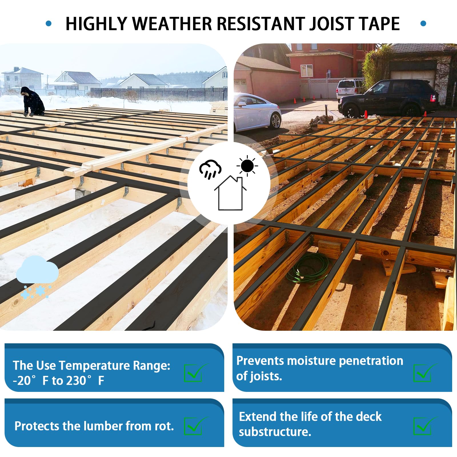 Cinta de vigueta para cubierta de 6 x 50 pies, paquete de 2 cintas de vigueta de cubierta resistentes a la intemperie, sellado impermeable, cinta antiséptica de butilo, cinta autoadhesiva para