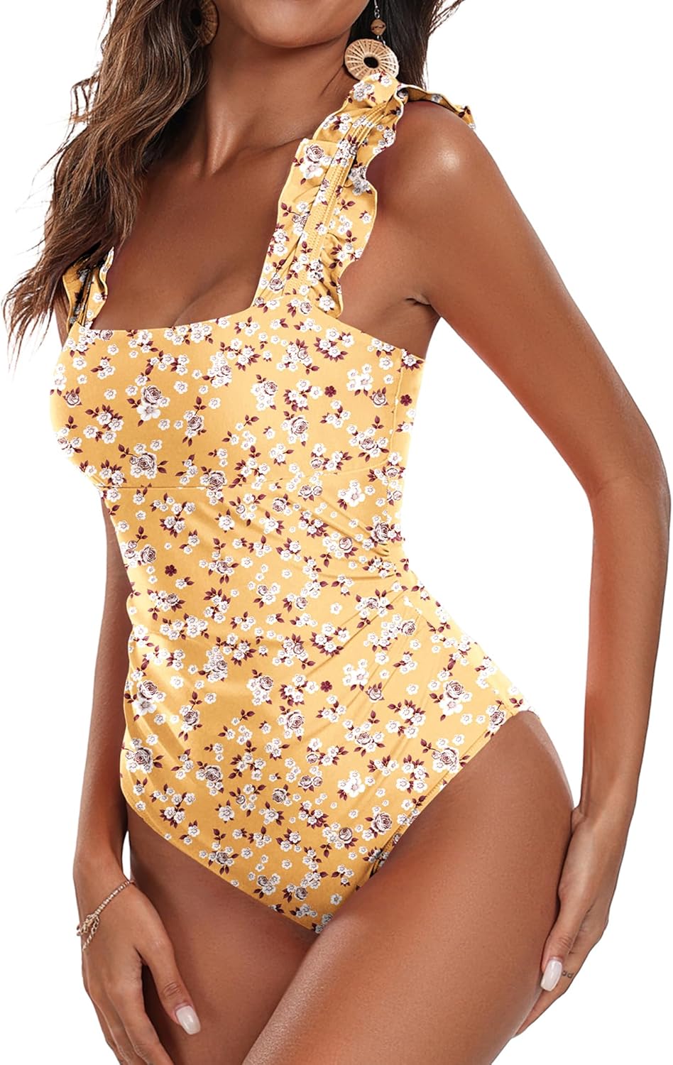 Ekouaer Women's One Piece Swimsuits Square Neck Tummy Control Bathing Suit with Adjustable Ruffled Straps Swimwear