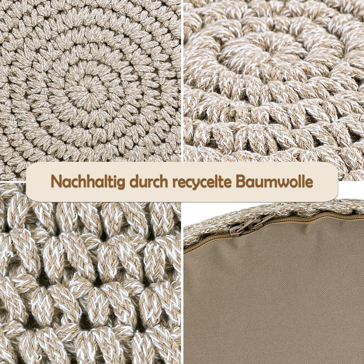 Bodenkissen Pouf Ø55 H37 Mohair Sitzhocker Sitzpouf waschbar nachfüllbar Farbe beige - weiß