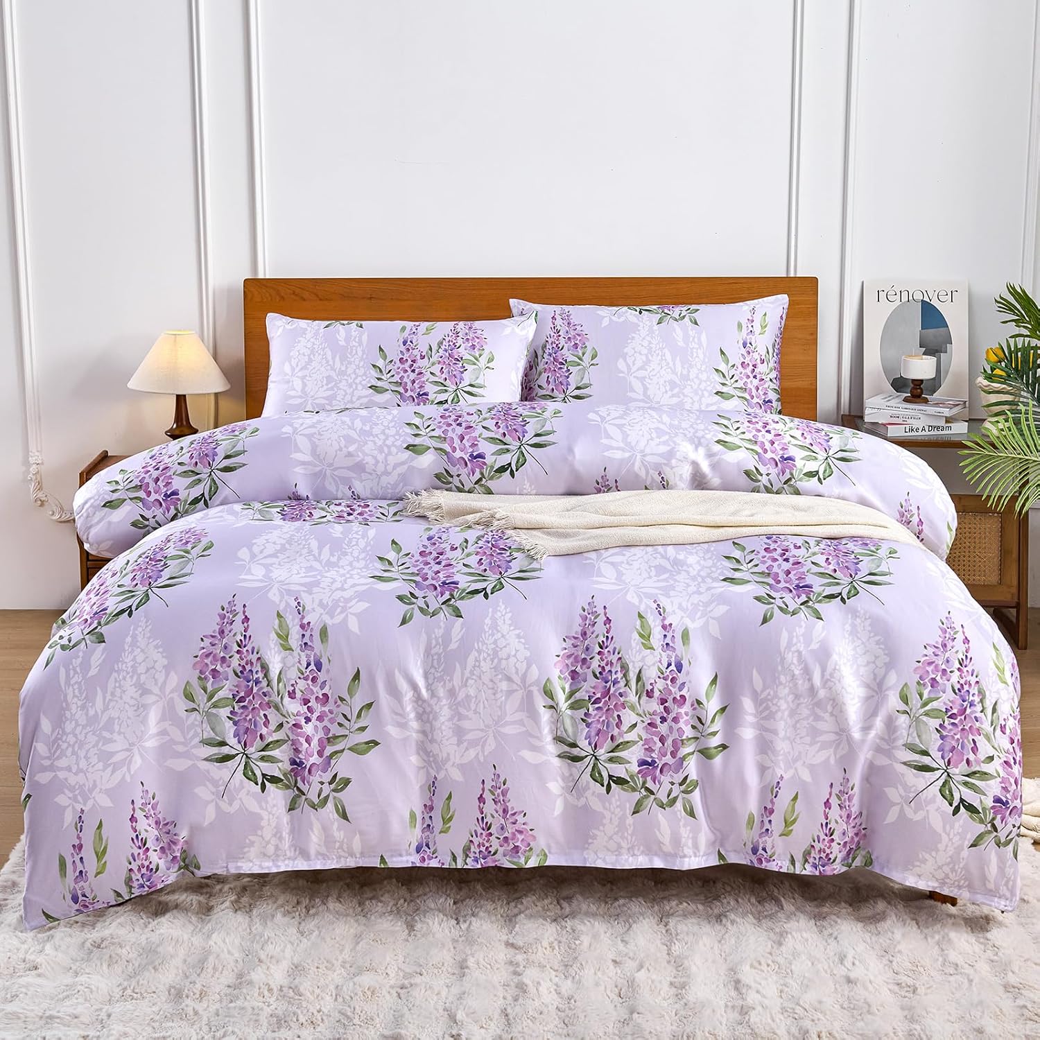 YIYEA 100% Viscose Derived from Bamboo Duvet Cover, 600 Thread Count Cooling Comforter Cover Set for Hot Sleepers, Silky Soft, Breathable, 3PC, Queen, Floral
