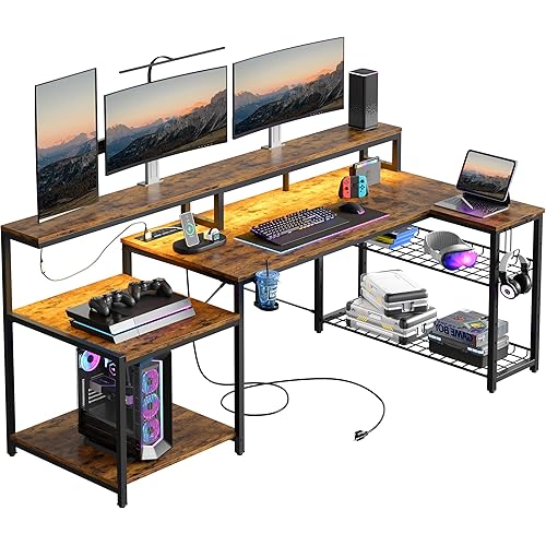 Bestier 71.5 inch Computer Desk with Power Outlets, LED Large Home Office Desk with Monitor Stand, L Shaped Corner Desk with Printer Stand Adjustable Shelf, Cup Holder & Headset Hooks, Brown