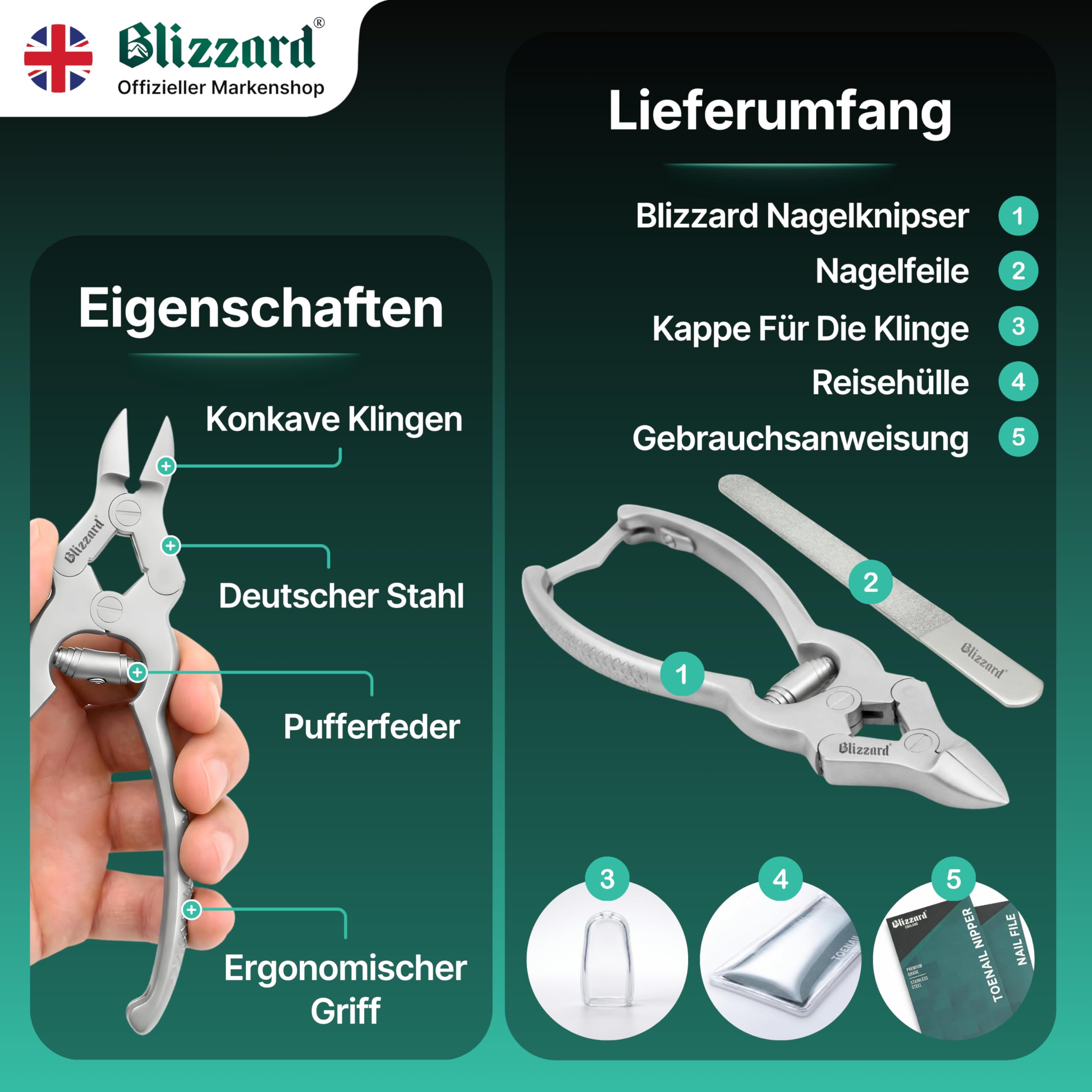 Blizzard Nagelzange für Fußnägel – Extra starke Fußnagelzange für dicke, harte & eingewachsene Zehennägel – Profi Pediküre Fußpflege Werkzeug aus Edelstahl inkl. Nagelfeile – 15 cm Pufferfeder