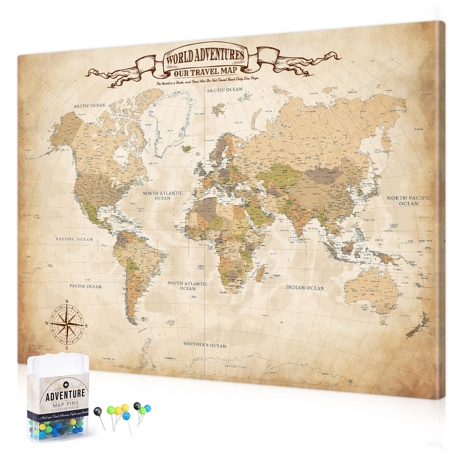 DECORARTS World Map Pin Board,Antique World Travel Map with Pins,40x30''