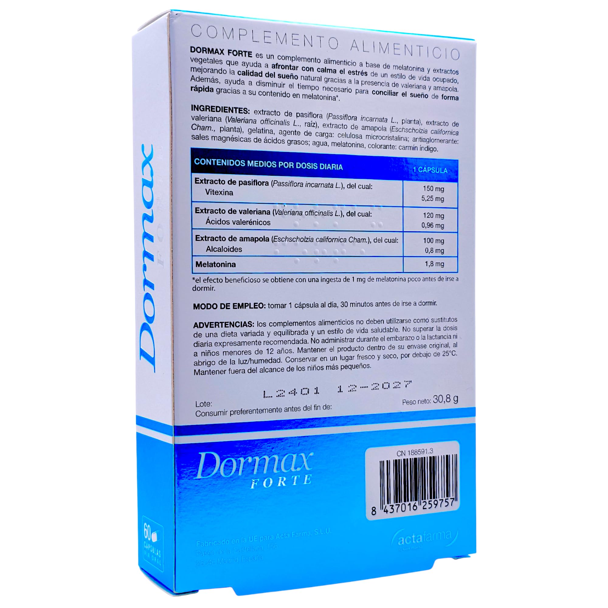 Actafarma Dormax Forte 60 Cápsulas - Suplemento para Conciliar el Sueño con Melatonina (1,8mg), Valeriana, Pasiflora y Amapola de California - Sueño Reparador y Descanso Profundo