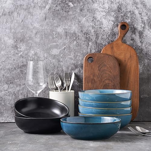 Miniatura 7 de Selamica Juego de 4 cuencos de cerámica para pasta, apilables, aptos para microondas y lavavajillas, color negro mate