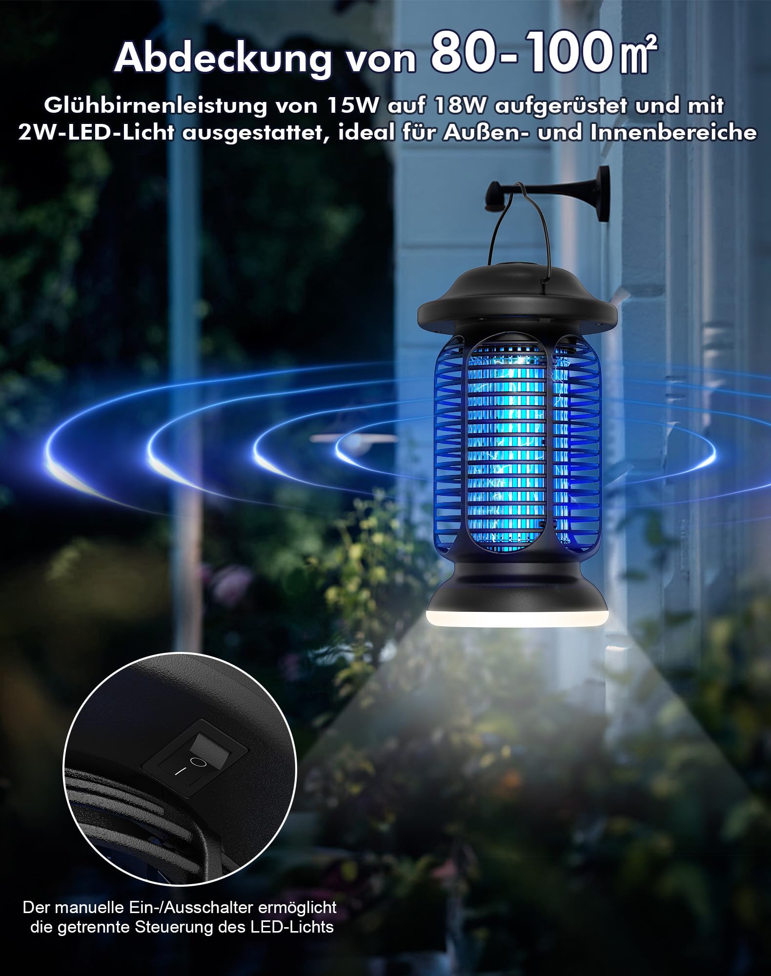 Insektenvernichter Elektrisch 4000V, Fliegenfalle Elektrisch 20W mit LED Licht, UV Mückenlampe IPX4 Wasserdicht, Anti Mücken Fliegen Insekten, Mückenfalle für Draußen Innen