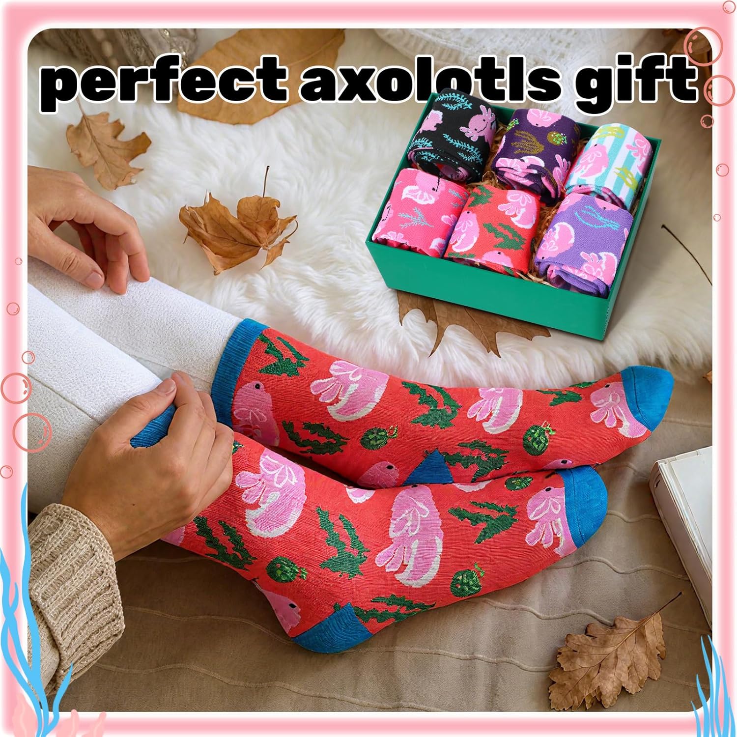 Bonuci 6/12 Pairs Axolotl Socks Gift for Women Pink Cute Socks Bulk for Axolotl Lover Funny Casual Gifts - Image 5
