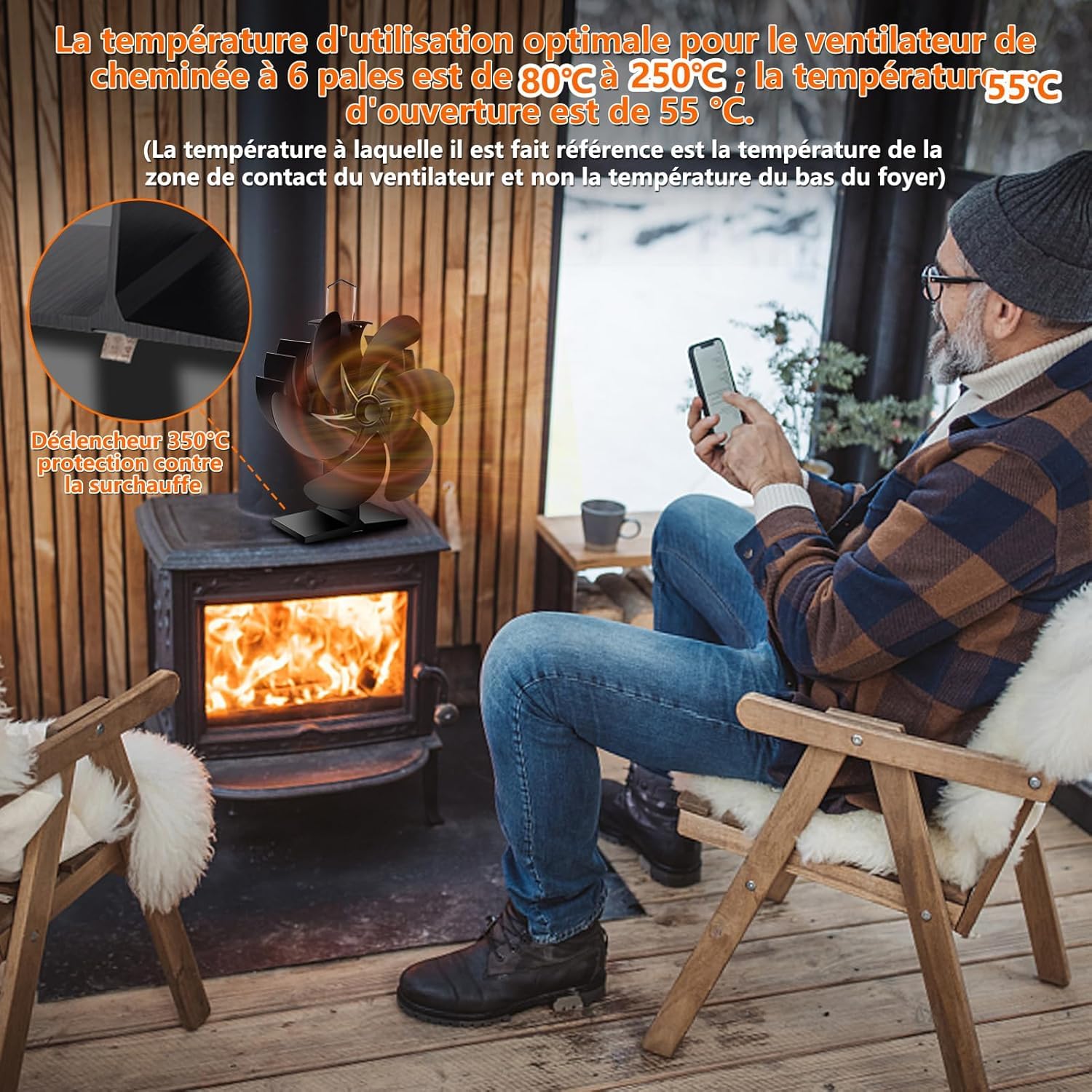 Ventilateur Poele à Bois 7 Pages, Silencieux Ventilateur à Poêle avec Thermomètre,ventilateur de Cheminée pour Ventilateurs poeles granule,Foyer à Bois, Écologique Alimenté Par la Chaleur