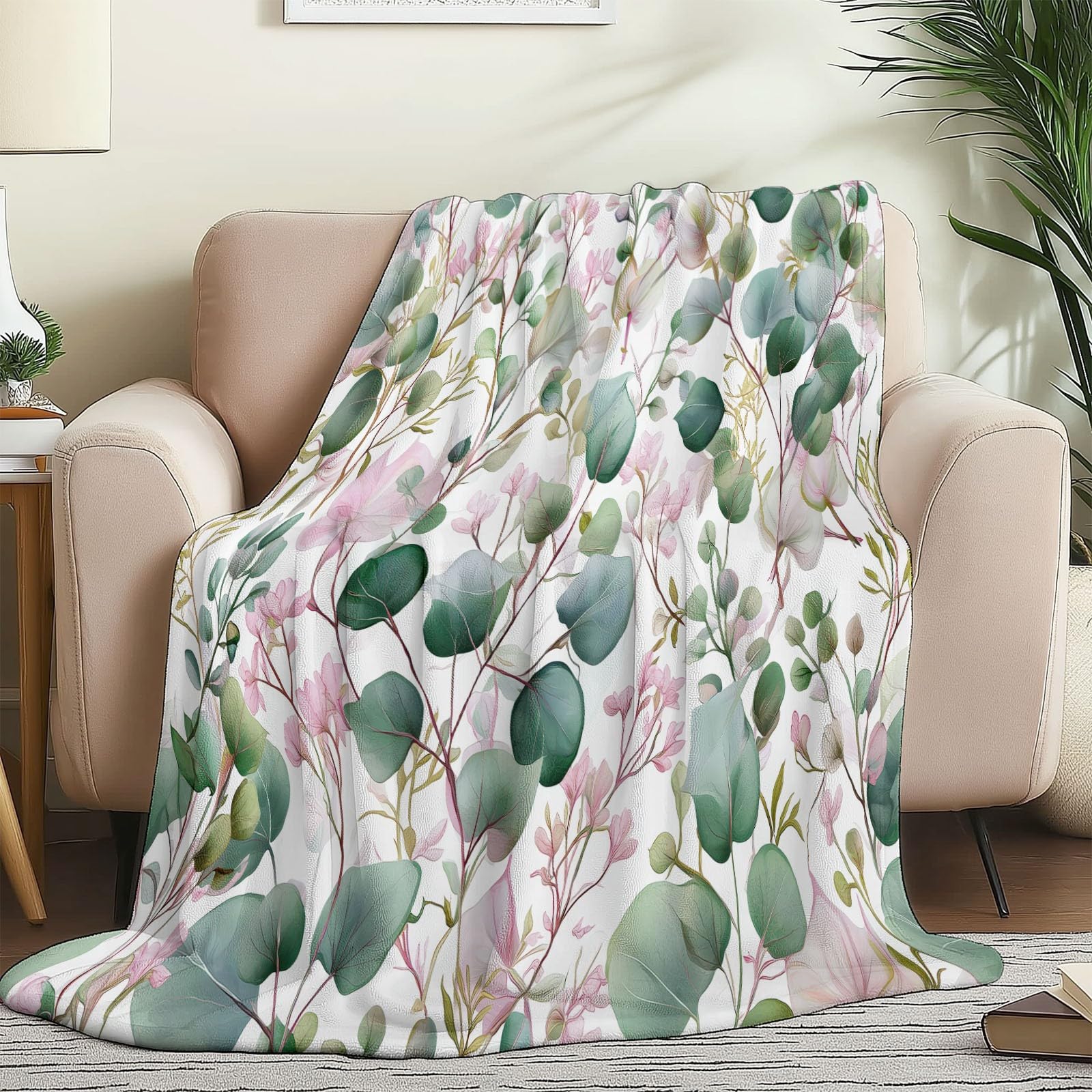 Verde Coperta in Pile di Flanella 200 x 220 cm - Acquerello Viti Fiori Morbida e Accogliente, Plaid Stampato per Divano Letto o Viaggio