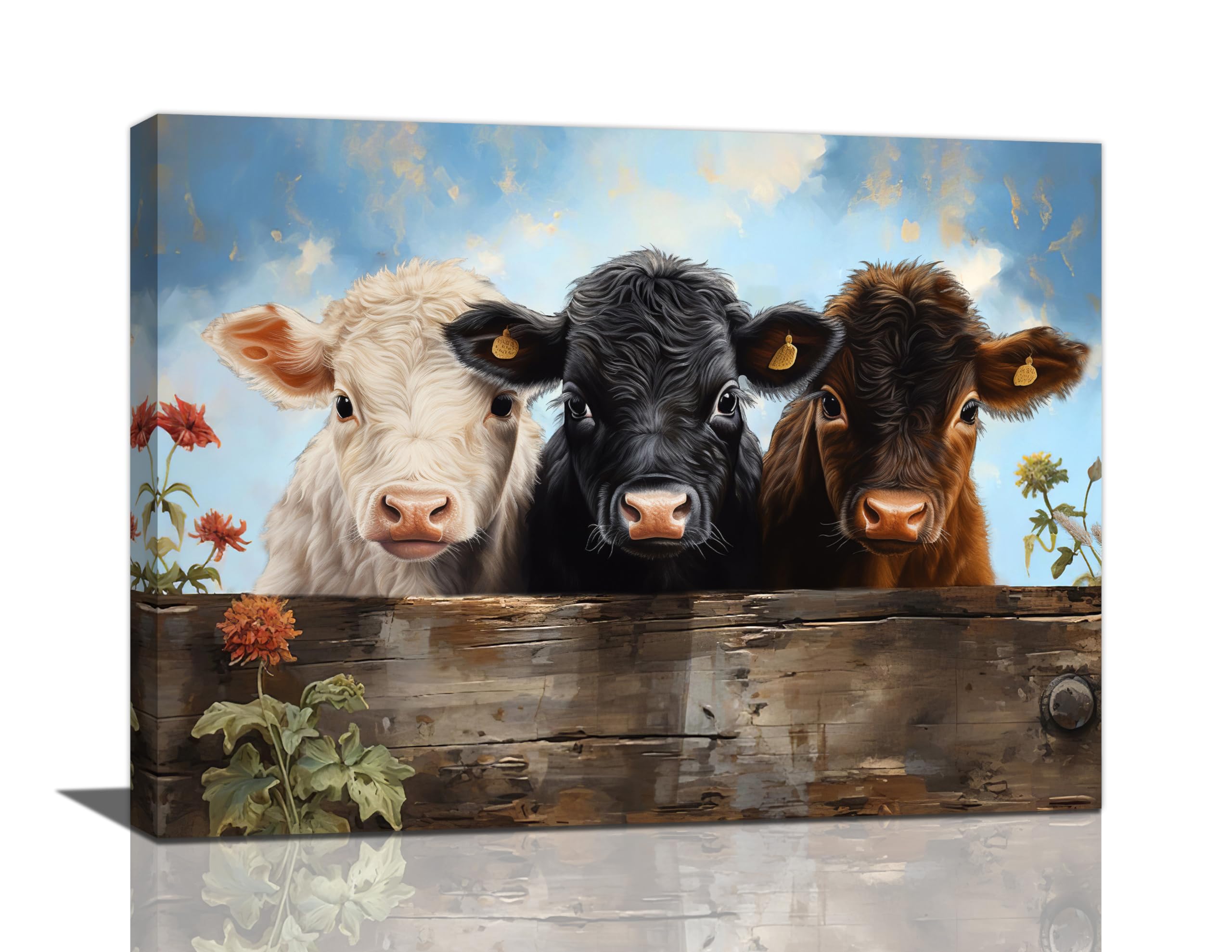 Farmhouse Highland Cow Wall Art Cow Pictures Wall Decor Canvas Print Painting Home Decoration Artwork For Living Room Office Bedroom Bathroom Framed 12"X16"