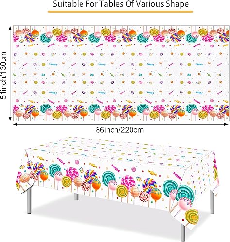 Miniatura 2 de PHOGARY Sweet Candyland - Mantel de plástico con temática de caramelos, 2 manteles de cumpleaños, coloridos manteles de piruletas para niñas,