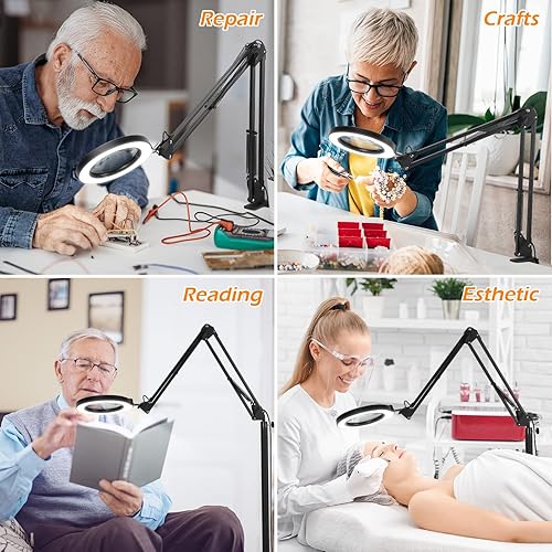 Miniatura 7 de Krstlv - Lupa 8X con luz y soporte, LED 4 en 1, 5 modos de color, lámpara de pie regulable sin escalones, lámpara de pie con brazo oscilante