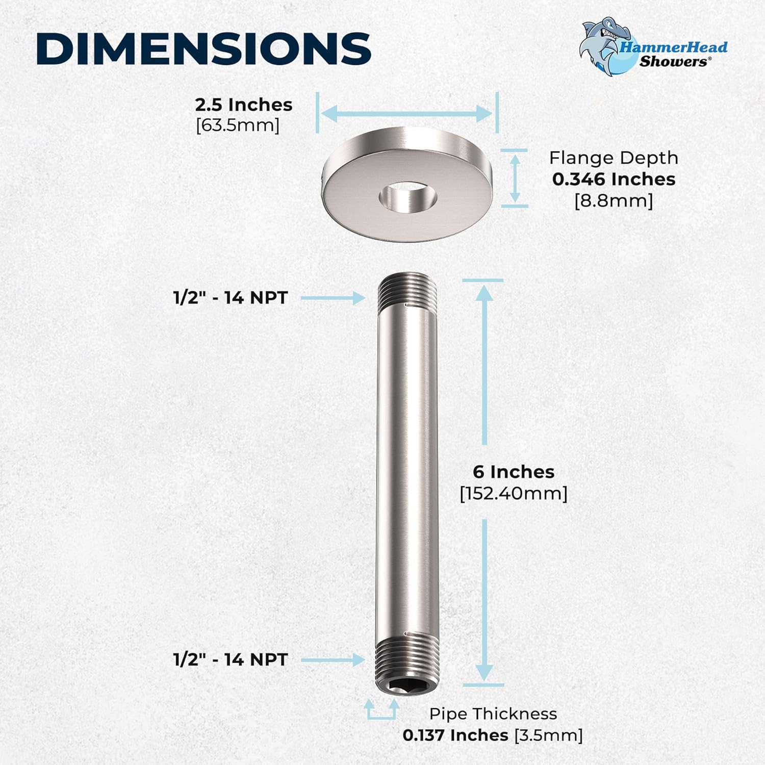 HammerHead Showers Solid Metal 6 Inch Ceiling Mount Shower Arm and Flange with Set Screw, Straight Shower Arm for Rain Shower Head, Ceiling-Mounted Rain Shower Arm, Brushed Nickel