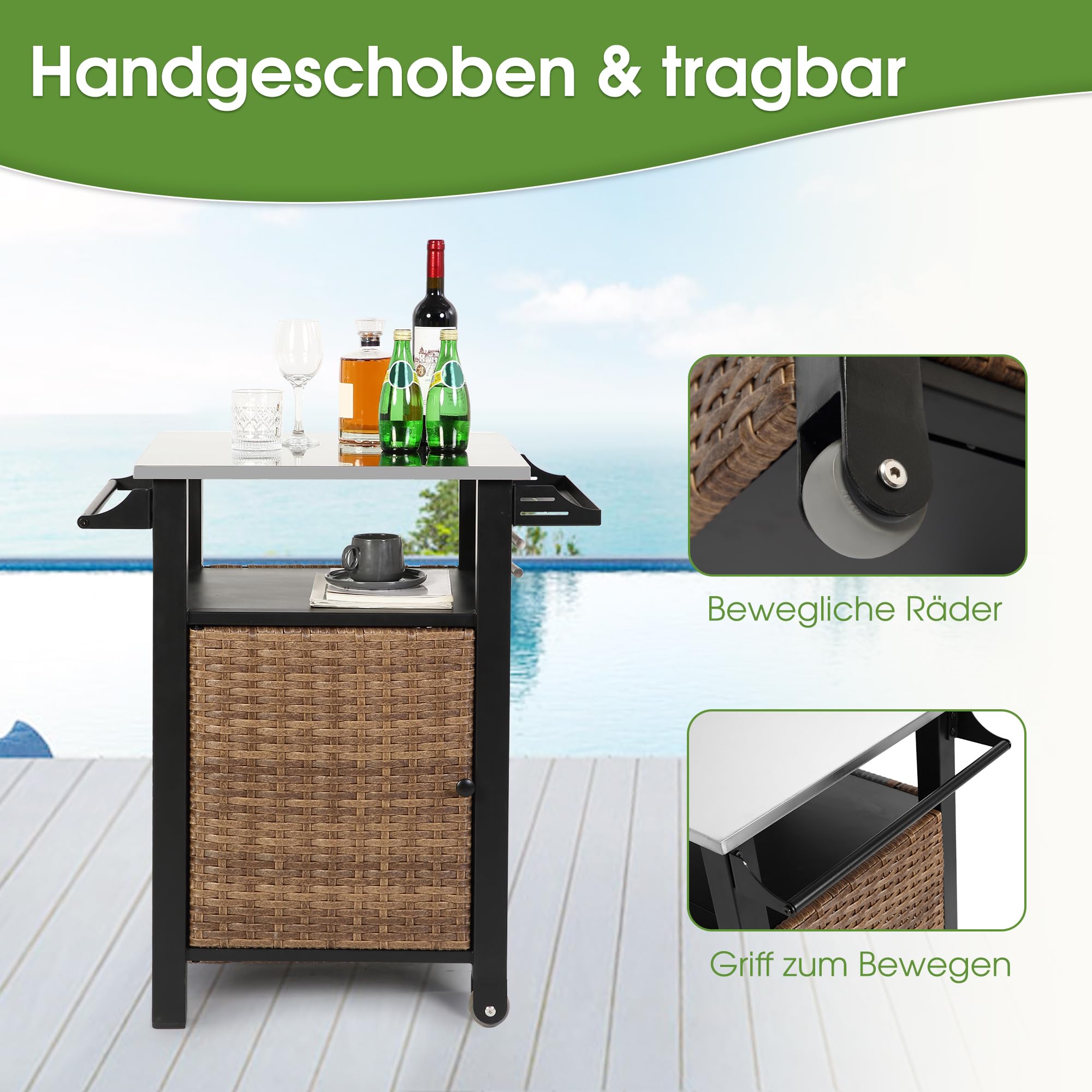 grillwagen aus Rattan, Grilltisch & Edelstahl Outdoor Servier-Bar-Tisch mit Haken und Rädern, für Poolseite, Terrasse, Wiese (Klein)