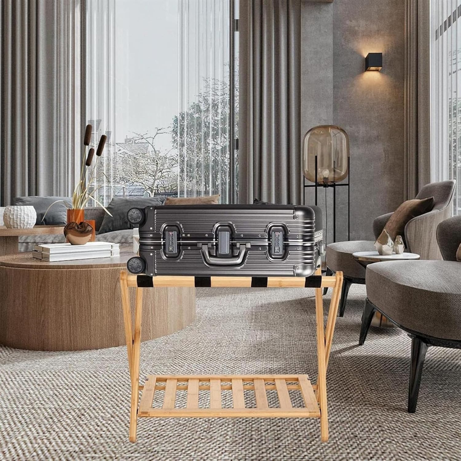 折りたたみ式スーツケーススタンド ゲストルーム ベッドルーム ホテル用 2パック ダブルレベル荷物ホルダー 靴棚付き 折りたたみ式荷