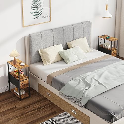 Miniatura 6 de TUTOTAK Juego de 2 mesas auxiliares estrechas pequeñas con estación de carga, mesa auxiliar con tomas, mesita de noche con cajón de tela, mesa de