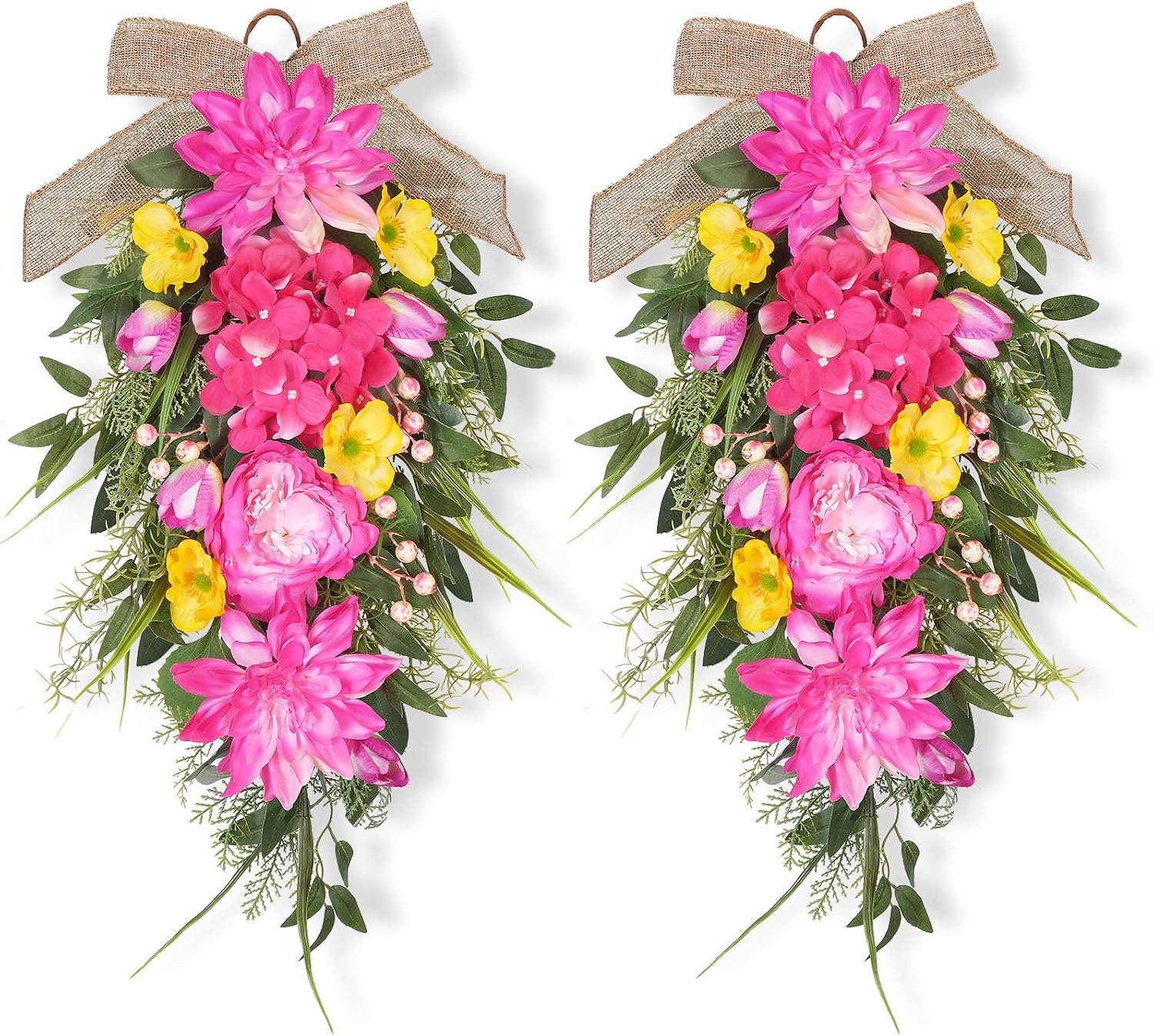 2Pcs Summer Teardrop Swag for Front Door Hydrangea Wreath with Peony