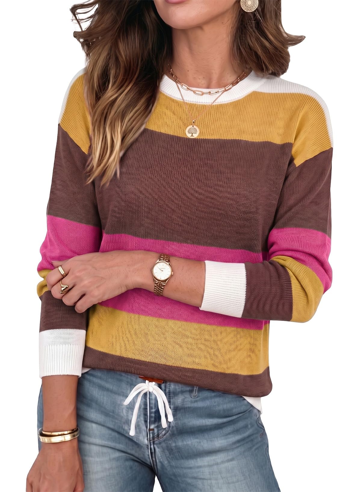 Dokotoo Womens Sweaters Striped Fall Winter Outfits 2025 Crewneck Drawstring Color Block Fashion Clothing