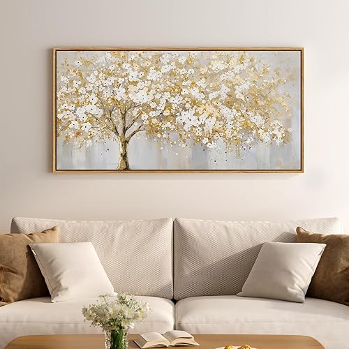 Arte de pared de árbol dorado enmarcado grande para sala de estar, lienzo blanco y gris neutro para decoración moderna y elegante del hogar, arte de