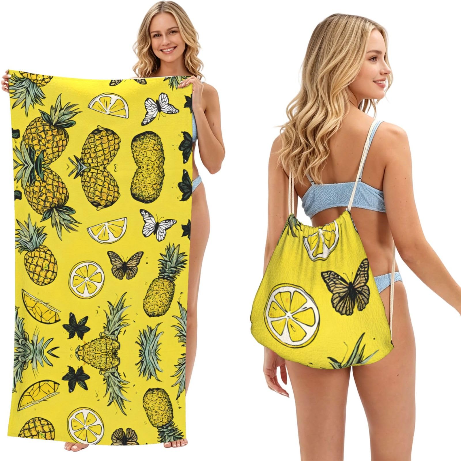 ESNAIUVCD Fashion Pineapples Print Beach Towel For Adults,Towel With Drawstring Bag, Travel Pool Swimming Sports Shower Sand Free Quick Dry Bath Towel For Pool, Beach, Yoga- 180x60cm