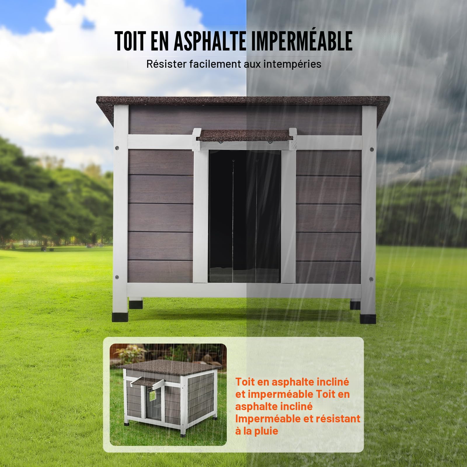 VEVOR Maison pour Chat d'Extérieur, 600x530x465 mm, Niche pour Chats en Bois, Résistante aux Intempéries, avec Fenêtre, Toit Ouvert, Porte à Rabat en PVC, Cabane Abri pour Plusieurs Chats Sauvages